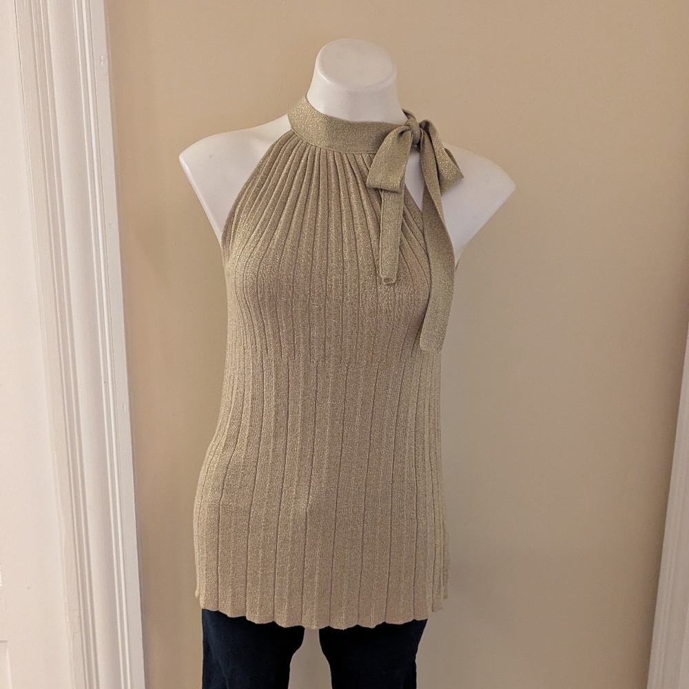 Cache gold sparkly sweater tank with neck bow size XS
